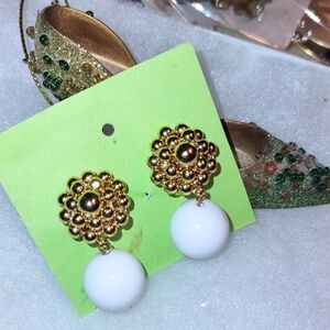 Tiered Gold Bead Earrings with White Beads Drop-style Clip Earrings